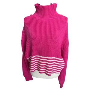 NWT FOR DAYS Pink Chunky Sweater Turtleneck White Striped Organic Cotton XL